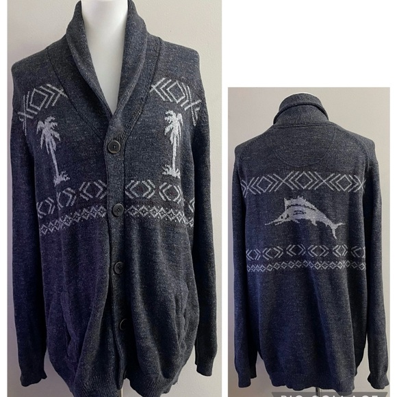 Vintage Tommy Bahama Shawl Charcoal Grandpa Cardigan Palm Trees Dolphin Design L - Picture 1 of 5